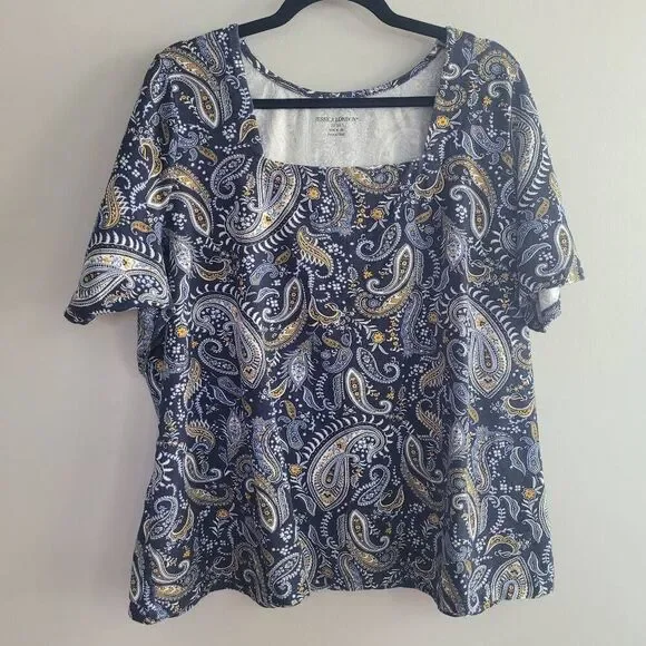 Paisley blue square neck short sleeved top 26/28 maximalist‎ artsy boho - Picture 2 of 11